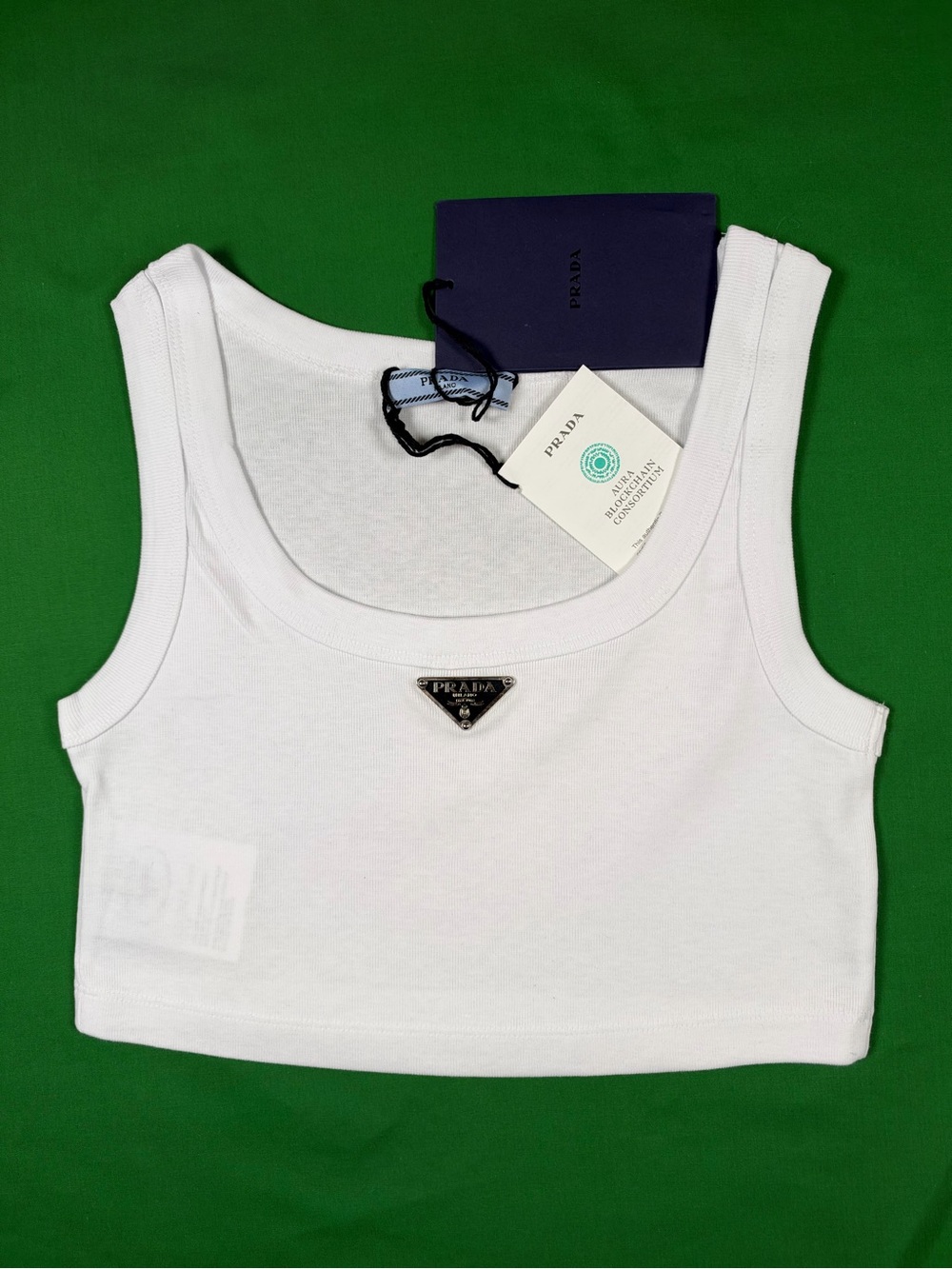 Prada Women’s White Jersey Cropped Tank Top Triangle Logo Size IT 36 US 0 XSmall - Picture 2 of 7